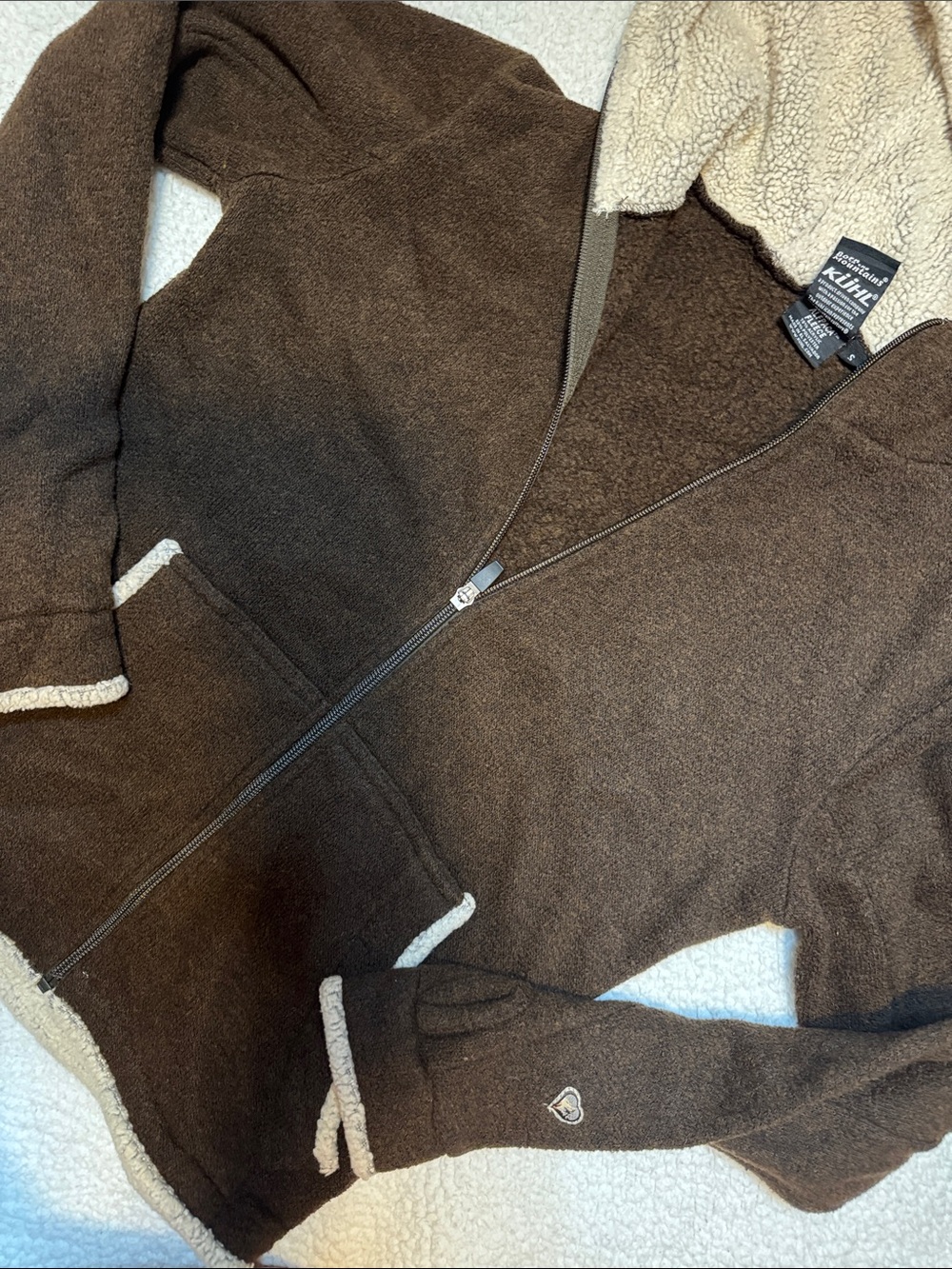 Kuhl Alfpaca Fleece Full Zip Jacket Brown Cream Sherpa Trim Winter Women’s small